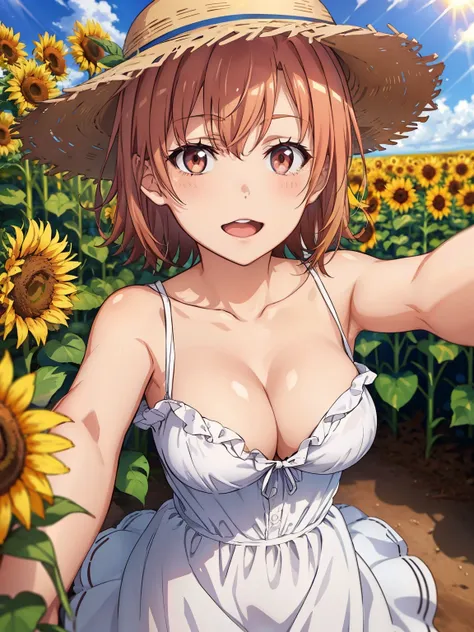 (( top quality,  high definition ,   perfect pixel,  4K)),  ( beautiful anime girls),  depth of field、
 viewer, 
 perfect body, 

yuigahama yui, short hair, 

  white dress、 Straw Hat 、 off-shoulder 、

Sunflower Field Background 、
(morning、sunlight:1.3)、sm...