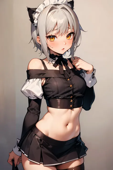 NSFW,masterpiece, top quality, high definition , very detailed,Tacheng kitten,Gray Hair, shorthair, maid outfit , off-shoulder , crop tops standing, miniskirt, lustful face,blush, are in estrus