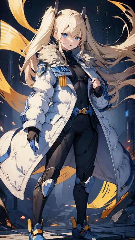 masterpiece, highest quality,laplace,hair ornament, white coat, belt, black bodysuit,fur trim, gloves, blue boots,(upper body),open mouth,(crossed arms),(Standing in honor)