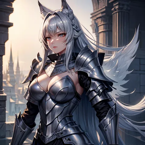 Wolf Knight , Excellent armor, Complex patterns, silver, silk,  cinematic lighting, 4K,  Fluttering Hair , Sharp