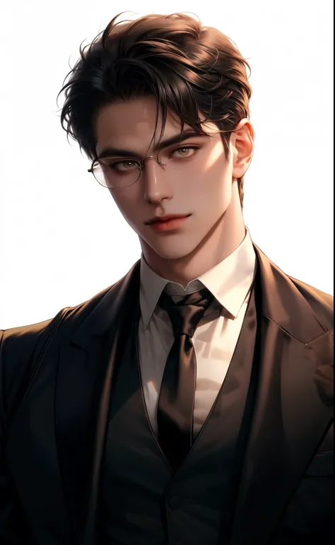 (masterpiece, best quality ,ultra_ detailed, high resolution, Ridiculous Results ), 1 mature male , Case 30, (Broad shoulders), ( muscular ), male focus , unique , brown undercut hairstyle , Glasses , chain, shirt, black tie, tie, simple background, ye...