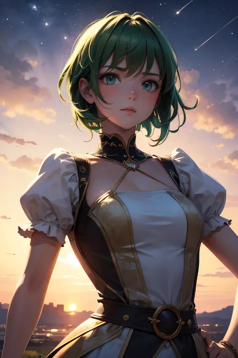  one girl ， high definition , bright green short hair，Gazing at the sky，Night Sky， well-groomed face from a sense of distance，masterpiece,  anatomically correct， wearing tunics 