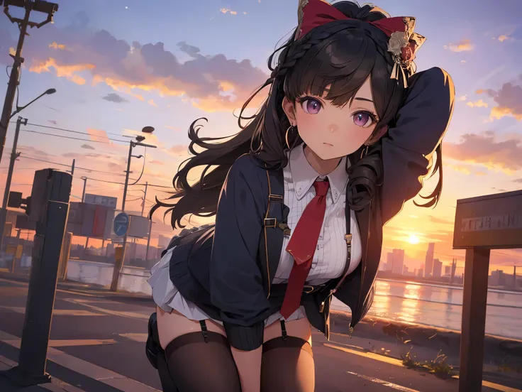 Alone, 1 Female, (Human Ear, Earrings), (black hair), ( fold your arms behind your head and put them between your knees), (Calm face), (Hair Accessories), (Suspenders, Cable warp knit sweater ,  Micro Mini Skirt, garter belt, Stockings), (Sunset Sky, Sunse...