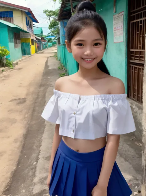 Filipino elementary school girl, , smiling, overly thin shirt, off-shoulder, can see her navel in the streets of Quezon