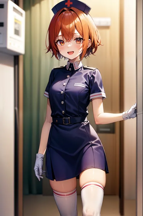 1girl, solo, nurse, nurse cap, white nurse uniform, ((white legwear, zettai ryouiki)), white gloves, very short hair, orange hair, smile, open mouth, standing, ((hospital room)), sharp outline, short sleeves, tomboy, boyish, best quality, masterpiece