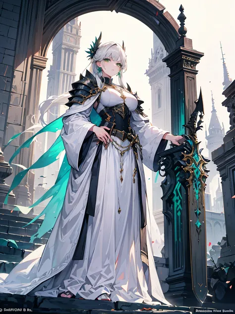 1 woman , breast support ,article, medieval fantasy temple background, with shining light ,Greatsword,white cloak,Official Art,((masterpiece)),(((High quality))), emerald eyes , gray hair , hair tied back , brides clothes , holding a sword with b...