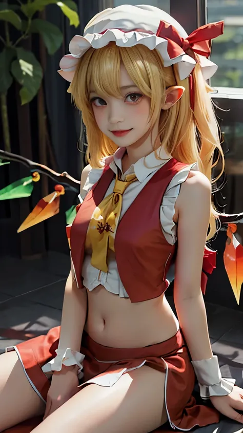 ((nsfw)), ((Flandre Scarlet)), ((Touhou Project)), Cosplay, ((1 girl)), ((Blonde hair)), ((long one side up)), ((Bangs)), ((Red eyes)), ((Yellow tie)), ((Open white shirt)), BREAK, ((Open red vest)), (((nipples))), ((Red skirt)), BREAK, ((panty lift)), ((W...