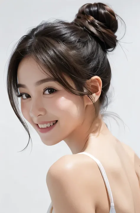 Beauty　 white background 　smile　 bun hair　upper body 黒髪