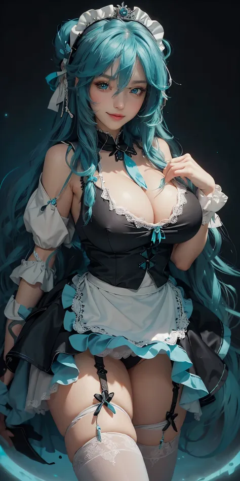 (masterpiece), best quality, night, expressive eyes, turquoise eyes color, perfect face, 1girl, (huge breasts), waist length hair, (light wavy hair), turquoise hair color, (thin smile), dark background, (black maid dress), white maid headdress, white maid ...