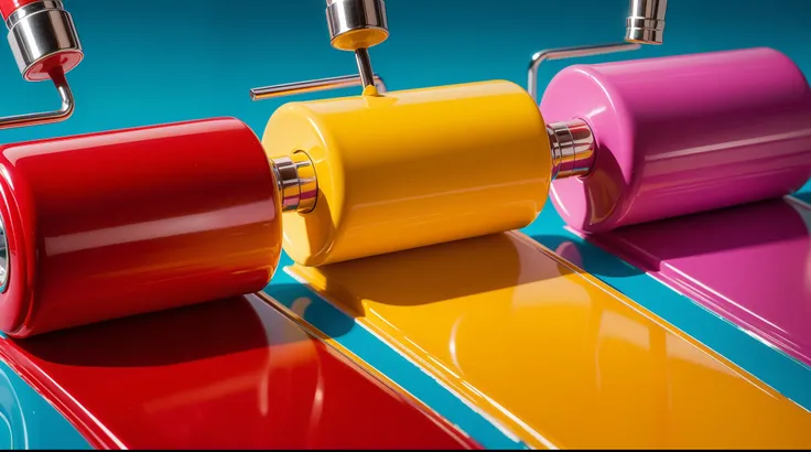 Beautifully proportioned paint rollers saturated with vibrant, thick, colorful paint, featuring a glossy plastic texture. The background is brightly illuminated with a glowing effect, enhancing the vividness of the scene. The image is highly realistic, sho...