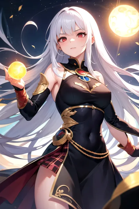 A beautiful girl with long white hair, red eyes wearing a sorceress dress, was holding a divination orb, rising to the sky and showing people to watch. At that moment, the prophetic plaid was shining.