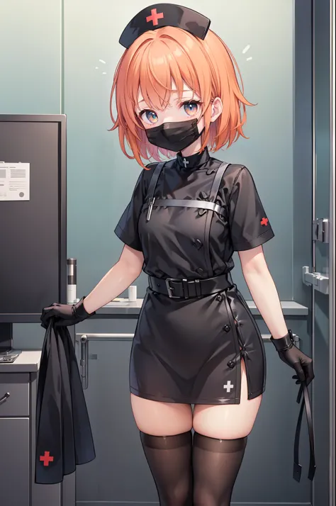 black nurse, 1girl, solo, black nurse cap, black nurse uniform, ((black legwear, zettai ryouiki)), black elbow gloves, very short hair, orange hair, ((black surgical mask, covered nose)), standing, ((surgery room)), sharp outline, short sleeves, tomboy, bo...