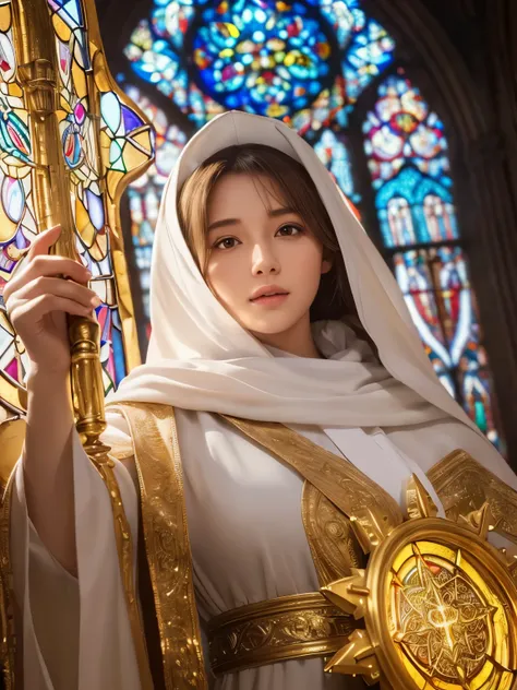 a female cleric, detailed face and eyes, long flowing robes, holy staff, divine aura, (best quality,4k,8k,highres,masterpiece:1.2),ultra-detailed,(realistic,photorealistic,photo-realistic:1.37),intricate religious symbols,stained glass window background,wa...