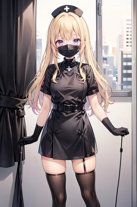 black nurse, 1girl, solo, black nurse cap, black nurse uniform, ((black legwear, zettai ryouiki)), black elbow gloves, twintails, yellow hair, purple eyes, ((black surgical mask, covered nose)), standing, ((surgery room)), sharp outline, short sleeves, bes...