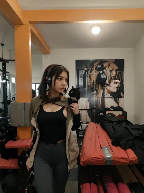 make the art style like anime attack on titan, but dont change the girl still wearing headphone at the gym and same outfit, also add a black cat at her shoulder