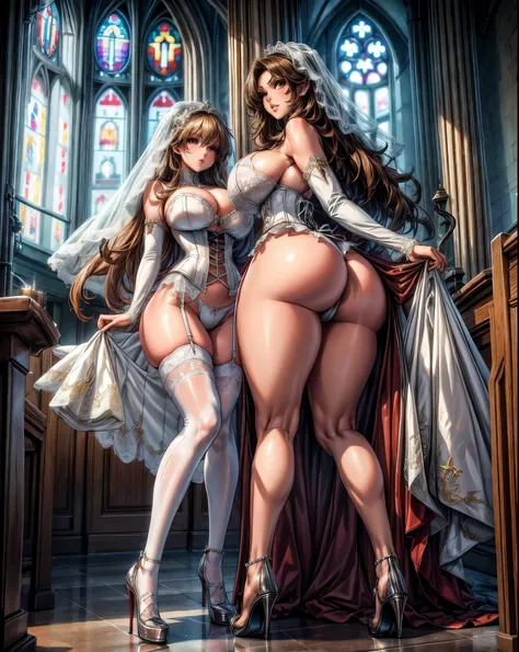 2 girls, 2 brides, sexy, slutty, bride, huge tits, huge breasts, cleavage, white corset, long legs, high heels, in church. tall, long legs, tiny waist, big ass, round ass, round hips