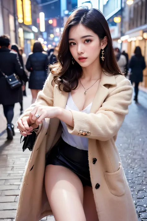 ((Realistic, 8k, Top Quality, Masterpiece: 2.0, Best Quality, Illustration, Ultra-detailed, finely detail, high resolution, 8K Wallpaper, Perfect dynamic composition, Beautiful detailed face)),(wearing winter long coat, wearing skirt, with one handbag:1.6)...