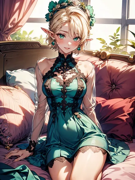 (( elf girl ))、((Elfs long, narrow ears))、((( sexy)))、(((Extremely narrow waist)))、(((slender body)))、Big Breasts、(((Im wearing a gorgeous accessory )))、cute、((1girl))、((Alone))、((( look at the camera)))、((Platinum blond short hair))、((Large flower head dr...