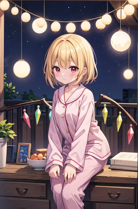  detailed background, masterpiece,  top quality, Expressive、whole body、１Alone、１By people、１Only people、only girl、Flandre Scarlett, ,  third-tailed yellow hair 、 red eyes、Blonde、Short Hair、 short hair 、 about the age of a female college student 、Oriental Pro...