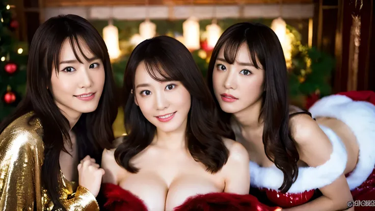   Best Quality  ,   masterpiece on penis ,  super high resolution, ( photorealistic:1.4), Original photo, extremely-detailed,   perfect anatomy ,  3 girls, Teenagers and the hottest Japanese idols ,  are enjoying the Christmas orgy a lot   , DYNAMIC POSE ,...