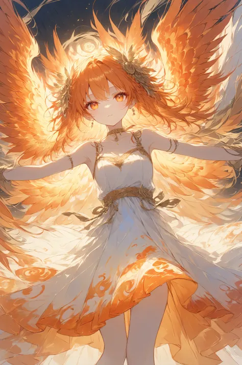 Masterpiece, high quality, high resolution, 16K, highly detailed background, digital painting, unreal engine, Makoto Shinkai illustration, hyperrealistic, fantasy, petite girl, A radiant phoenix with golden feathers, beautiful face, beautiful skin, long ey...