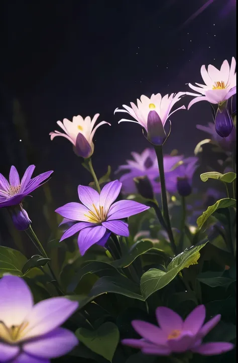 purple flowers with black centers in a garden with green leaves, purple flowers, glowing purple, purple glow, beautiful flower, violet flowers, soft purple glow, purple - tinted, violet flower, glowing flowers, beautiful flowers, purple and blue colored, m...