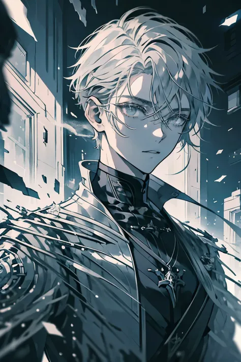 A stylized anime portrait of a young man with dark, short hair, a sophisticated, metallic silver and gray coat with intricate design elements, and expressive grey eyes.  The overall aesthetic should emulate a futuristic cyberpunk or fantasy setting, focusi...