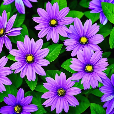 purple flowers with black centers in a garden with green leaves, purple flowers, glowing purple, purple glow, beautiful flower, violet flowers, soft purple glow, purple - tinted, violet flower, glowing flowers, beautiful flowers, purple and blue colored, m...