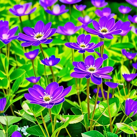 purple flowers with black centers in a garden with green leaves, purple flowers, glowing purple, purple glow, beautiful flower, violet flowers, soft purple glow, purple - tinted, violet flower, glowing flowers, beautiful flowers, purple and blue colored, m...