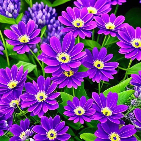 purple flowers with black centers in a garden with green leaves, purple flowers, glowing purple, purple glow, beautiful flower, violet flowers, soft purple glow, purple - tinted, violet flower, glowing flowers, beautiful flowers, purple and blue colored, m...