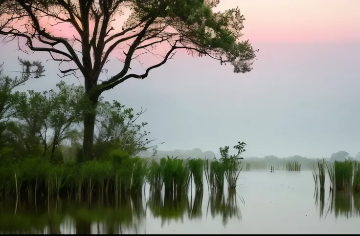 there is a small pond in the middle of a field with trees, misty swamp, foggy swamp, swamp landscape, swampy atmosphere, swamp forest, artistic swamp with mystic fog, taiga landscape, located in a swamp at sunrise, swamp land, moss landscape, boreal forest...