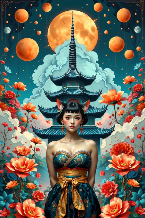 illustrated by Guo Chao style, poster design, in the style of psychedelic color schemes, hyper-detailed illustrations, 16k, a painting of a pagoda in the evening, in the style of graphic design-inspired illustrations, circular shapes detailed botanical ill...