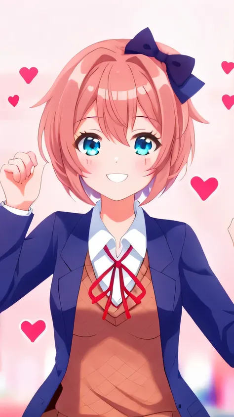 masterpiece 、 higher quality 、 High resolution Uma garota, Sayori, DDLC, DOKI DOKI LITERATURE CLUB, Hair bow,  short hair, happy, school blazer, positive girl  ,  light blue eyes, , fascinating,, My girlfriend, Date of her  ,  heart marks , background azul...