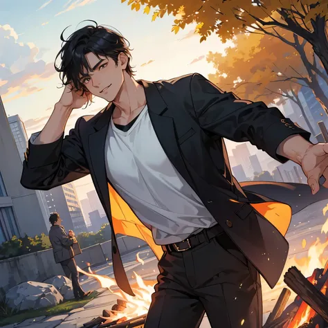 "A confident and open-minded leader-type male character. He has rugged, short black hair and wears simple yet stylish outfits, such as a shirt and jacket. With a strong, broad physique, he exudes a sense of dependability and warmth. His expression features...