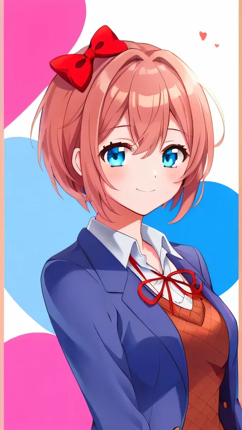 masterpiece 、 higher quality 、 High resolution Uma garota, Sayori, DDLC, DOKI DOKI LITERATURE CLUB, Hair bow,  short hair, happy, school blazer, positive girl  ,  light blue eyes, , fascinating,, My girlfriend, Date of her  ,  heart marks , background azul...