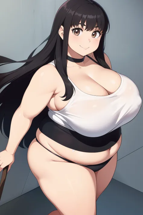 Chubby girl with big breasts black hair brown eyes happy long messy hair smiling Jinako Carigiri