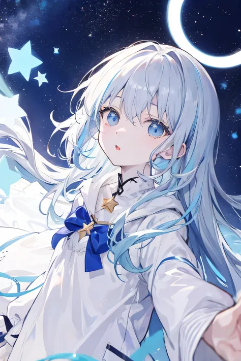 Person with pale blue pastel colored hair looking up at a beautiful star 々Gray-haired person looking up。