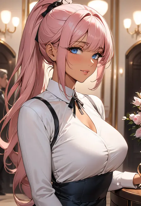 ((Best quality)), ((Masterpiece)), (details), Young woman, Medium chest, pink hair, blue eyes, ((Long hair, ponytail)), Handsome face, (Tanned:1.3), Long eyelashes, Thick eyelashes, , (((Adult women, milf))), detailsที่ซับซ้อน, Wear simple and elegant high...