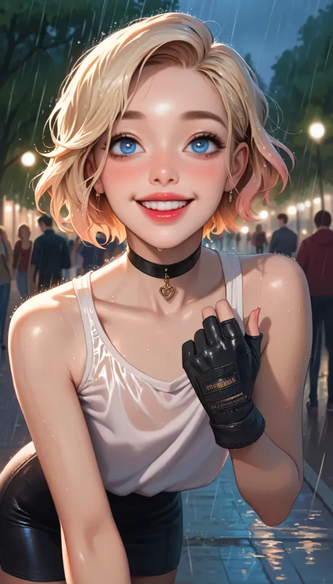 hyperrealistic, detailed face, toned blonde femboy, blond eyes, slim, male, feminine touch, blond open short hair, tanned, lipgloss, happy but exhausted, looking to the side, at night, public park, running in the rain, showing the piece sign, rain gloves, ...