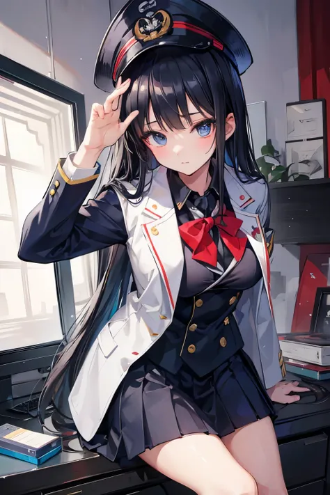  blazer,uniform, high school girl,navy, Empire of Japan,anime, black hair, long,D Cup