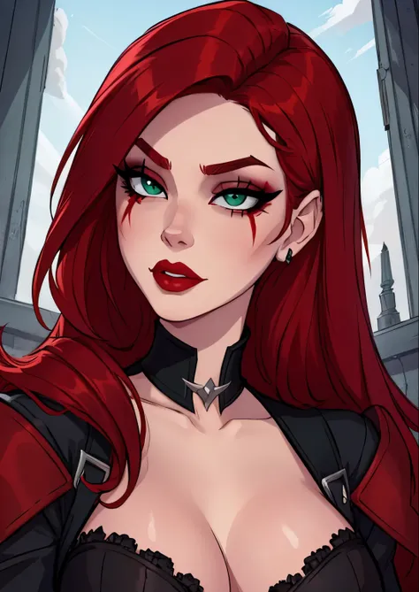 masterpiece, best quality, 1female, beautiful, face portrait, deep makeup, 1girl, face focus, long hair, red hair, lipstick,, goth, scar over eye, makeup, pale skin, katarina, green eyes