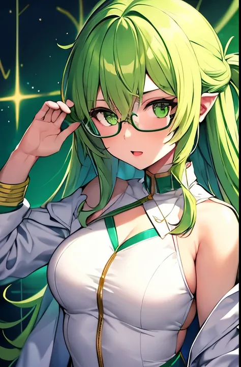 1girl, green hair, green eyes, big , glasses, laboratory, crop white jacket, toxic, serum, gold armor, sparkling, green liquid, splash liquid