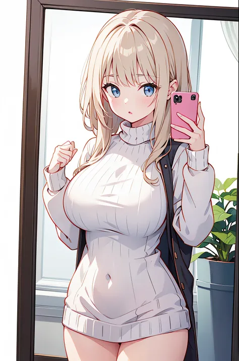 1girl, pofile picture, mirror selfie, big boobs, white background, hd, epic, 4k, turtleneck sweater 