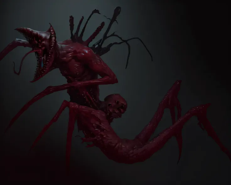  Entirely in the frame , creepy bloody creature with a long tongue, scorn style,  cinematic realistic portrait, Unreal 5,  one demon-like creature ,  demonic creature , Demogorgon,  humanoid creature,  madness creature ,  A creepy mutant carnal creature, L...