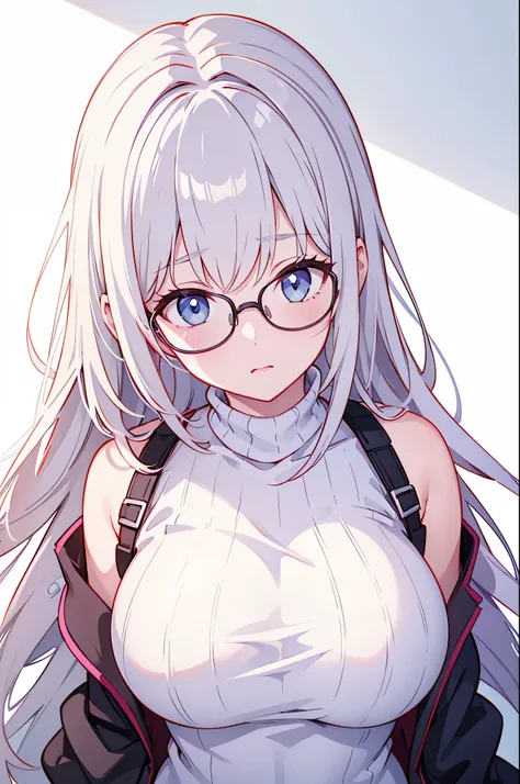 1girl, pofile picture, selfie, big boobs, white background, hd, epic, 4k, whiteturtleneck sweater, glasses, milf, need hug