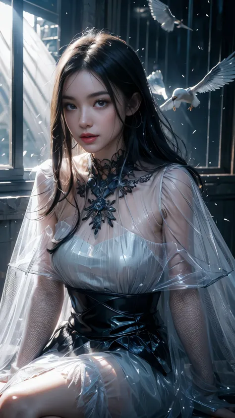 8k, masterpiece, 1 girl, beautiful face, very long hair, light makeup, (glossy skin), detailed eyes, detailed lips, shut up small bust, fantasy clothing, blowing wind, ((black clothing)), ((fantasy petticoat)), ((mesh cape)), mesh clothing, ((fog)), ((in t...