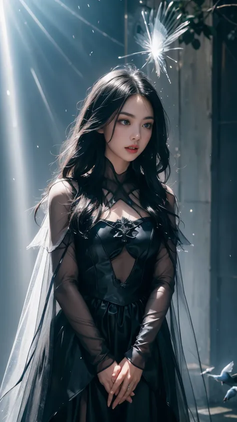 8k, masterpiece, 1 girl, beautiful face, very long hair, light makeup, (glossy skin), detailed eyes, detailed lips, shut up small bust, fantasy clothing, blowing wind, ((black clothing)), ((fantasy petticoat)), ((mesh cape)), mesh clothing, ((fog)), ((in t...