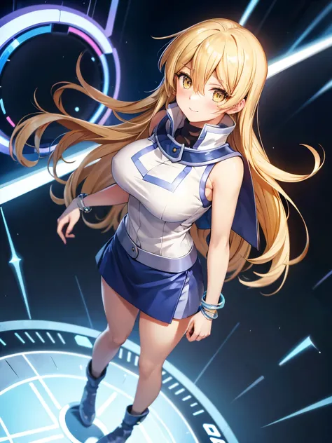 masterpiece, best quality, highres, heart hair ornament, ta1,blonde hair,long hair,yellow eyes, white jacket, sleeveless, blue skirt,tight skirt , miniskirt,fingerless gloves,smile,big tits  ,looking at viewer,top view,(standing), bracelet, Cyber city,blue...