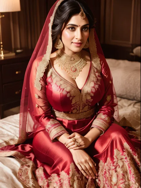 portrait of a 30 year most beautiful very busty women sitting on the bed, hd details of award show,HD makeup,hd details,hd render,realistic,hyper realistic,photograph,wearing a pakistani traditional wedding silk dress with face veil,create perfect sitting...