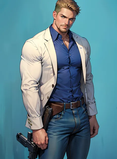 1 man, male focus solo,45 yo man,Stephen AMELL as private investigator,  lean muscle, open blue shirt, marine blue jeans with brown belt ,( big bulge), full body shot, dark blond short hair, well groomed facial hair, holding a gun with one hand, , ultra hi...